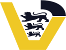 Logo des Gehörlosen-Sportverbandes Baden-Württemberg. Im Gelben V sind drei schreitende schwarze Löwen (Schwaben) zu sehen. ein Schwarzer Bogen auf der rechten Seite soll das Ohr zeigen und somit auf das Handicap hinweisen. Ebenso kann der schwarze Bogen auch als Krone für die 2 Königreiche Baden und Württemberg stehen.
